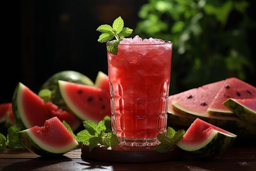 Refreshing and healthy watermelon class of juice with copy space photo