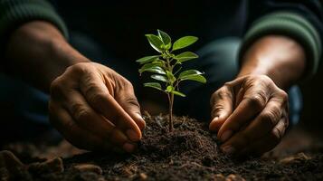 AI Generative Close-up of young man hands holding green seedling in soil photo