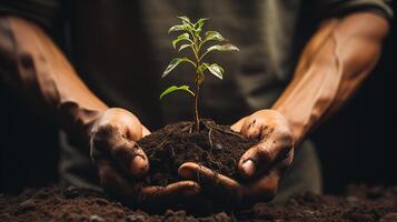 AI Generative Close-up of young man hands holding green seedling in soil photo