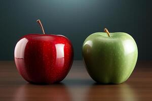Red and green apples with water drops on wooden table against black background photo