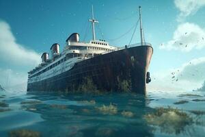 ai generativo un pesado crucero Embarcacion ahogar dentro el mar foto