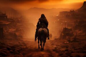 AI Generative soldier on horse in battle ground with hidden face , Ashura day concept photo