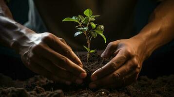 AI Generative Close-up of young man hands holding green seedling in soil photo