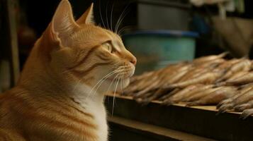 linda gato acecho el pez. gracioso gatito olfateando el pez. generado ai. foto