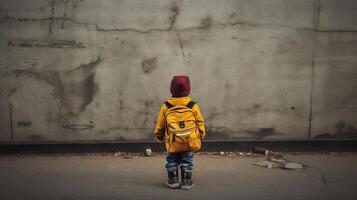 alumno caminando hogar o a colegio con mochila. generado ai. foto