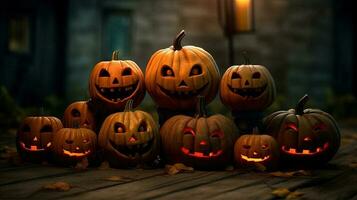 Halloween pumpkins row on the wooden floor. Jack O Lantern parade for Halloween holidays. Generated AI. photo