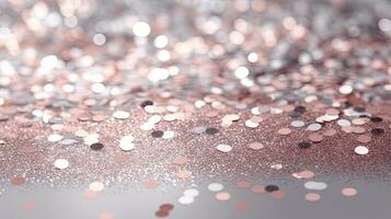 Abstract shiny background with pink glitter. Scattered confetti sparkles with light rose pastel color. Generated AI. photo