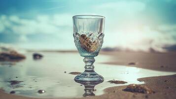 vaso con agua en el arena de el playa. vacaciones escena con vaso en el apuntalar línea. generativo ai foto