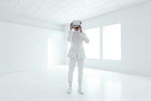 VR goggles technology concept with a person wearing virtual reality glasses device in white room. Generated AI. photo