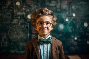 a young boy posing in front of chalkboard with back to school concept photo