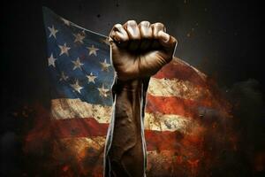 black fist raised in the front of the American flag photo