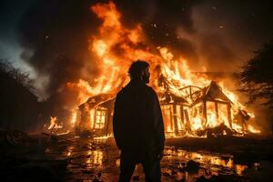 bomberos extinguir un ardiente casa en el pueblo a noche. foto