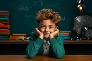a young boy posing in front of chalkboard with back to school concept photo