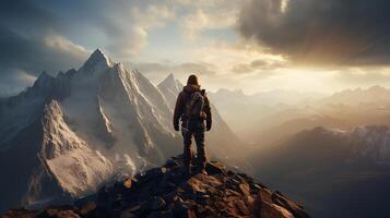 AI Generative A hooded warrior man stands atop a rugged mountain peak photo