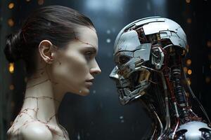 AI Generative human and robot cyborg against of each other , Artificial intelligence concept photo