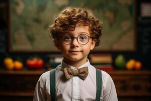 a young boy posing in front of chalkboard with back to school concept photo