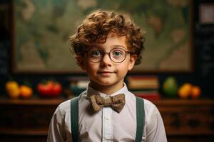 AI Generative a young boy posing in front of chalkboard with back to school concept photo