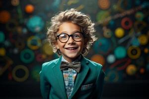 a young boy posing in front of chalkboard with back to school concept photo