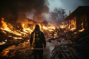 Firefighters extinguish a burning house in the village at night. photo