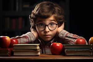 a young boy posing in front of chalkboard with back to school concept photo