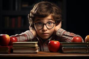 AI Generative a young boy posing in front of chalkboard with back to school concept photo