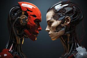 human and robot cyborg against of each other , Artificial intelligence concept photo