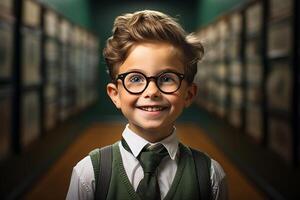a young boy posing in front of chalkboard with back to school concept photo