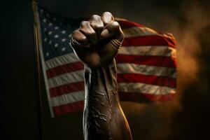 black fist raised in the front of the American flag photo