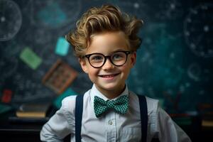 a young boy posing in front of chalkboard with back to school concept photo