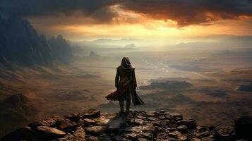 AI Generative A hooded warrior man stands atop a rugged mountain peak photo