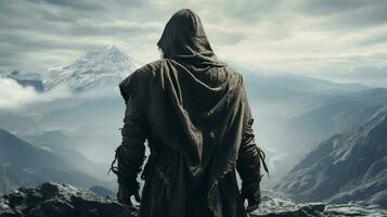 AI Generative A hooded warrior man stands atop a rugged mountain peak photo