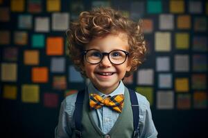 a young boy posing in front of chalkboard with back to school concept photo