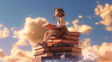 Chica de escuela lee el libro en el cielo, volador en su Sueños y fantasías. aprendizaje concepto con pequeño niña en el mundo de educación. generado ai. foto