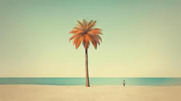 Palm tree on the sand of the beach. Vacation scene with palm on the shore line. Generative AI. photo