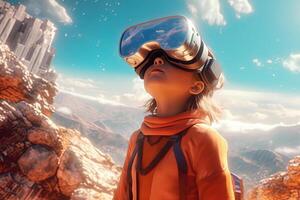 VR goggles technology concept with wearable glasses device. Virtual reality futuristic immersive experience. . photo