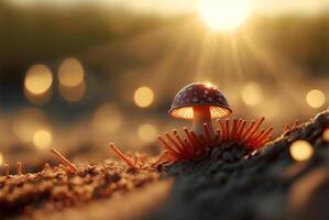 Mystery mushroom on the bump. Fairytale background with mystic mushroom. Generated AI. photo