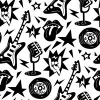 A pattern with elements of punk rock music, seamless on a white background. Black design elements, fingers, hands, star, microphone, zipper, plate, tongue, sharp Packaging for music festivals in black vector