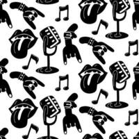 A pattern with elements of punk rock music, seamless on a white background. Black design elements, fingers, hands, star, glasses, tongue, microphone, zipper. Packaging for music festivals vector