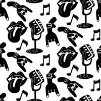 A pattern with elements of punk rock music, seamless on a white background. Black design elements, fingers, hands, star, glasses, tongue, microphone, zipper. Packaging for music festivals vector