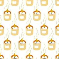 Seamless pattern with cartoon cozy candles in retro style. Cozy background. Vector printing on fabric and wallpaper. Cute candles on a white background