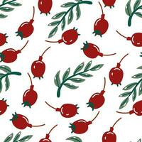 Seamless pattern of wild rose hips and foliage on a white background. Autumn rosehip background. Vector illustration. Red fruits as an option for autumn packaging