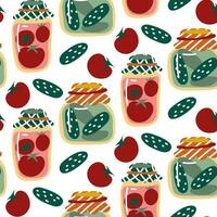 Pattern with jars for pickling vegetables. Canning cucumbers and tomatoes. Fermented food. Autumn canning. Conservation of the crop. Autumn packaging with a white background vector