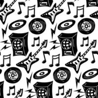 A pattern with elements of Punk rock music, seamless on a white background. Black design elements, guitar, speaker, record, zippers, sheet music. Packaging for music festivals vector