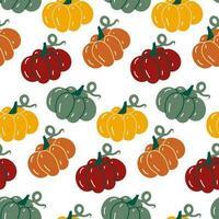 Seamless pattern of colorful pumpkins in retro style on a white background. Flat style. Vector illustration. Cute simple autumn packaging for Thanksgiving and Halloween