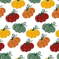 Seamless pattern of colorful pumpkins in retro style on a white background. Flat style. Vector illustration. Cute simple autumn packaging for Thanksgiving and Halloween