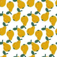 Seamless pattern with cartoon yellow pears in retro style. Fruit background. Vector printing for fabric and wallpaper. Cute fruits on a white background