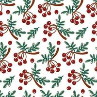 Seamless pattern with cartoon red mountain ash with retro foliage. Berry background. Vector printing on fabric and wallpaper. Cute berries on a white background