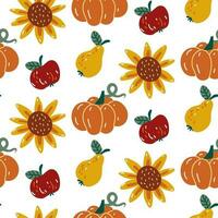 Vector pattern of autumn harvest elements. Pumpkin, apple, pear, sunflower in cartoon style on a white background. Autumn background with fruits and vegetables. Packaging