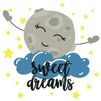 un tarjeta postal con el inscripción dulce Sueños y un dibujos animados Luna en el nubes y en el antecedentes de el estrellado cielo. vector para diseño, pancartas, para niños libros y patrones