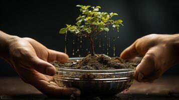 AI Generative Close-up of young man hands holding green seedling in soil photo